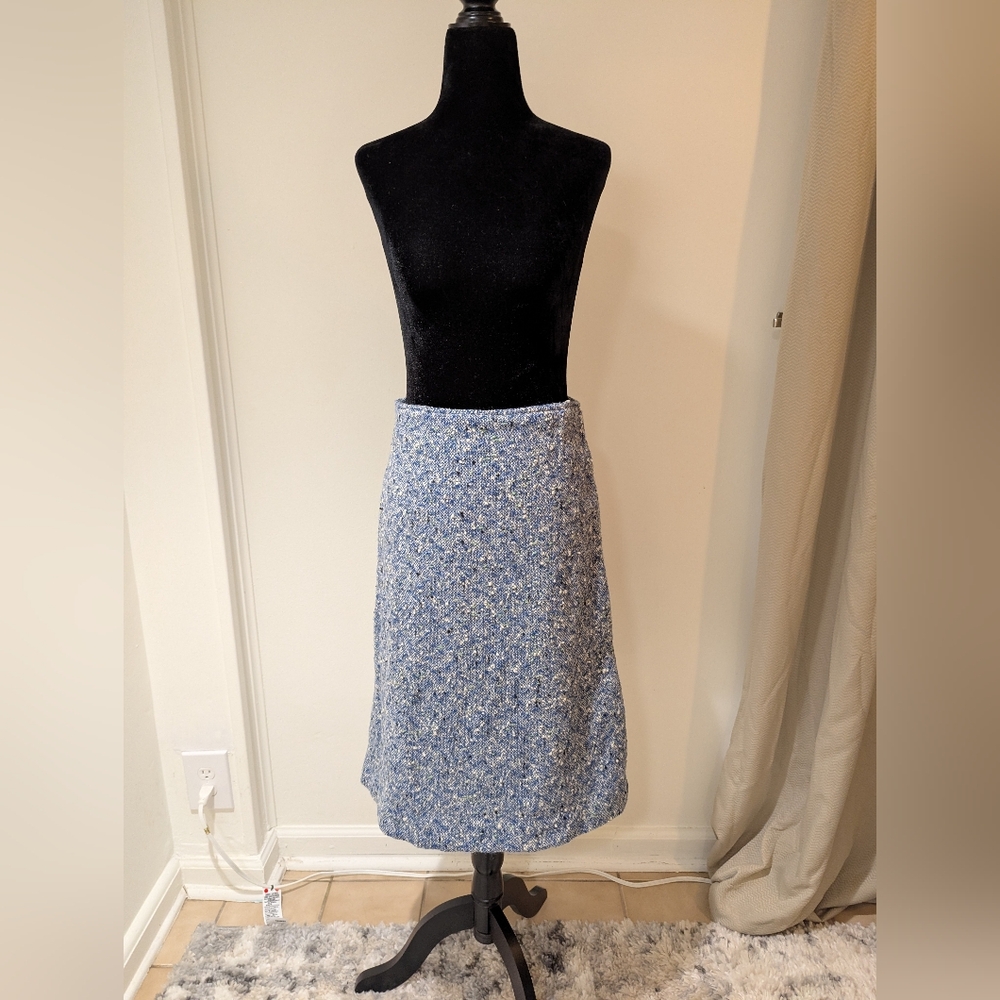 Vintage 1960s Handmade Womens Blue White Boucle Wool Tweed Skirt Small Zip Back